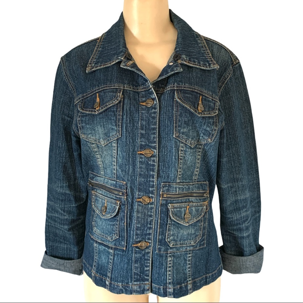 Frilli Exchange Dark Denim Button Down Pocketed Blue Jean Jacket